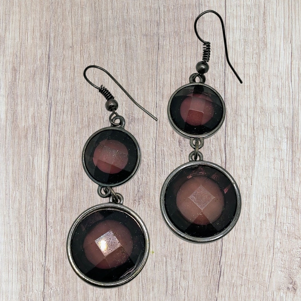 Vintage Elegant Double Drop Black and Silver Trim Clear Dark  Dangle Earrings